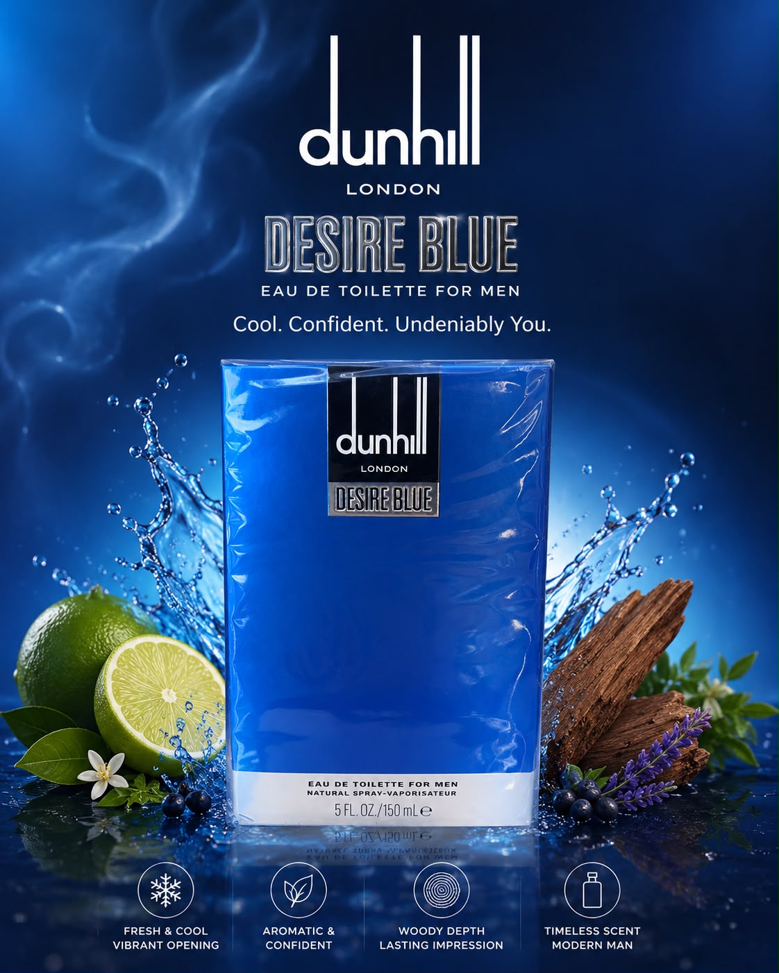 Dunhill Desire Blue Eau De Toilette for Men 150ml | Fresh Citrus & Woody Long Lasting Fragrance